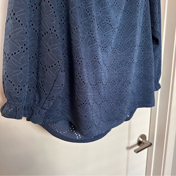 Rafaella Navy Drawstring Neck Eyelet Top - Picture 8 of 9